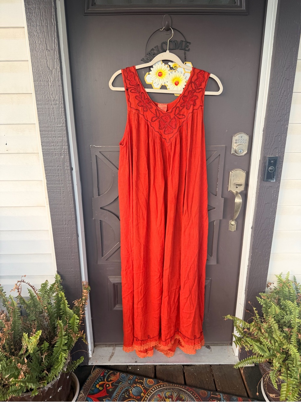 Burnt Orange Sleeveless Embroidered Maxi Dress